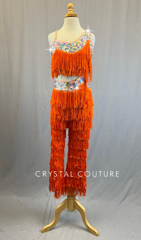 Orange Fringe Connected Two Piece with Silver Sequins - Rhinestones