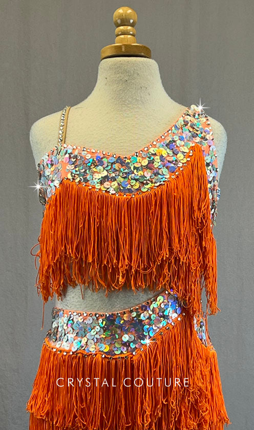 Orange Fringe Connected Two Piece with Silver Sequins - Rhinestones