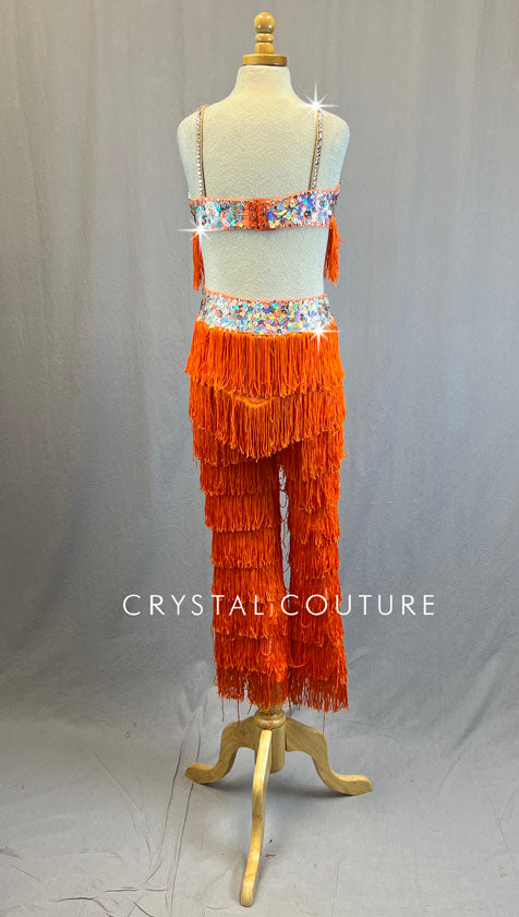 Orange Fringe Connected Two Piece with Silver Sequins - Rhinestones