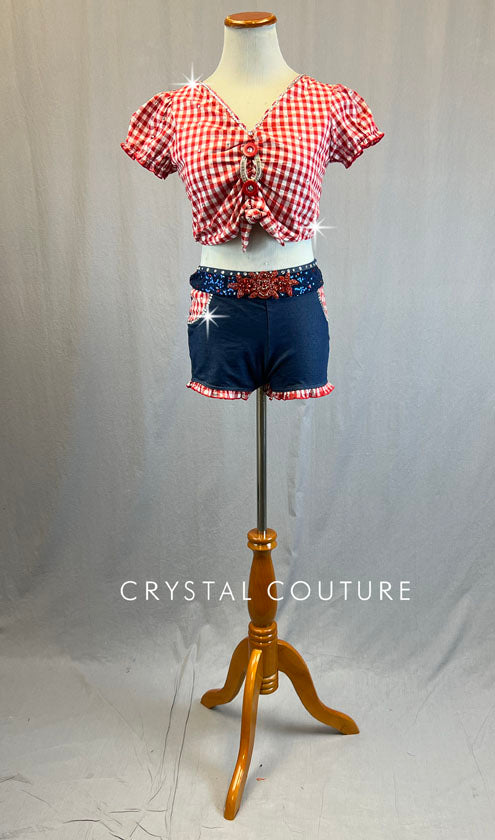 Red & White Checkered Top with Stretch Denim Shorts - Rhinestones