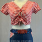 Red & White Checkered Top with Stretch Denim Shorts - Rhinestones