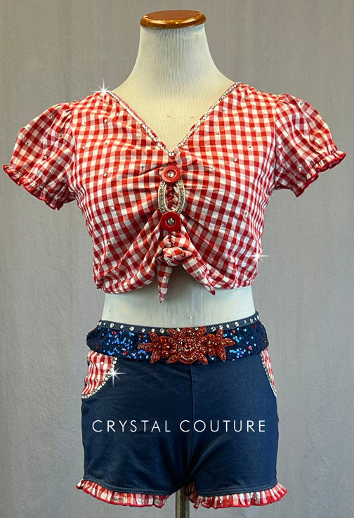 Red & White Checkered Top with Stretch Denim Shorts - Rhinestones