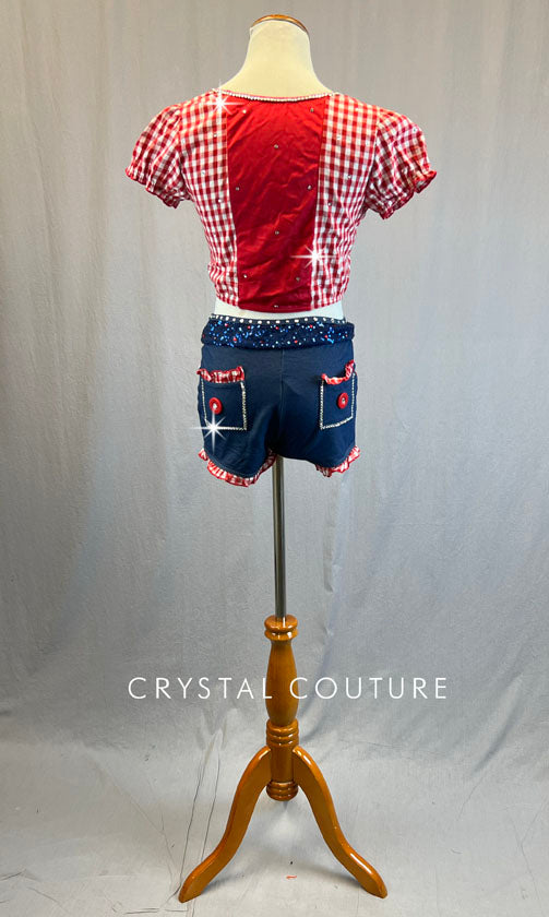 Red & White Checkered Top with Stretch Denim Shorts - Rhinestones