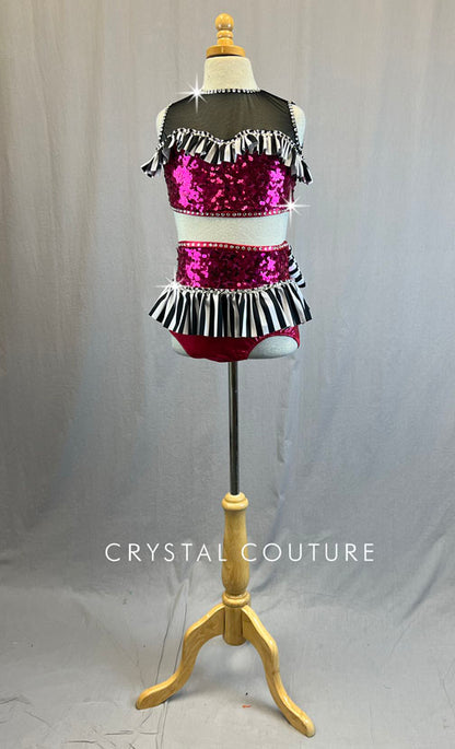 Custom Magenta, Black & White Two Piece with Striped Ruffles - Rhinestones