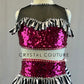 Custom Magenta, Black & White Two Piece with Striped Ruffles - Rhinestones