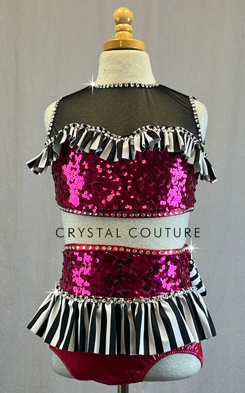 Custom Magenta, Black & White Two Piece with Striped Ruffles - Rhinestones