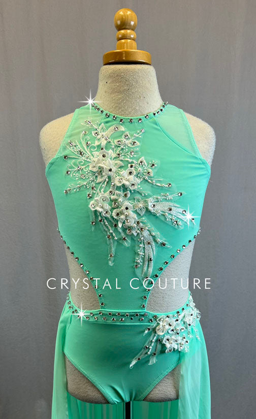 Mint Cut Out Leotard with White Appliques and Back Skirt - Rhinestones