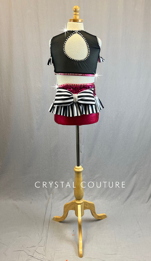 Custom Magenta, Black & White Two Piece with Striped Ruffles - Rhinestones