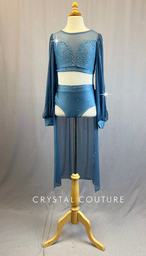 Dusty Blue Long Puff Sleeve Top and Trunks with Back Skirt - Rhinestones