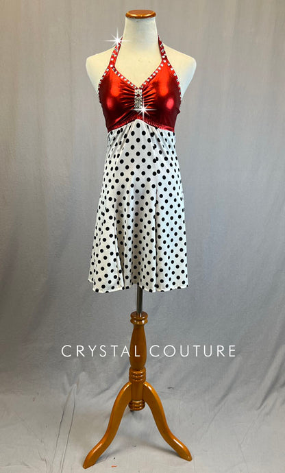 Red, Black & White Polka Dot Halter Dress - Rhinestones