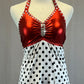 Red, Black & White Polka Dot Halter Dress - Rhinestones