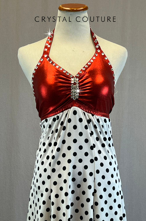 Red, Black & White Polka Dot Halter Dress - Rhinestones