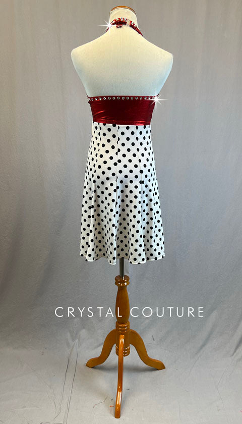 Red, Black & White Polka Dot Halter Dress - Rhinestones