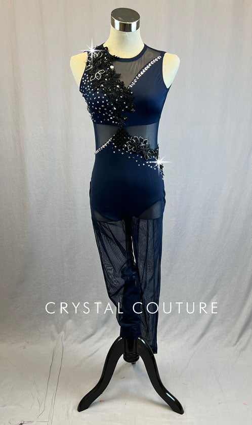 Custom Navy Blue Unitard with Black Beaded Appliques - Rhinestones