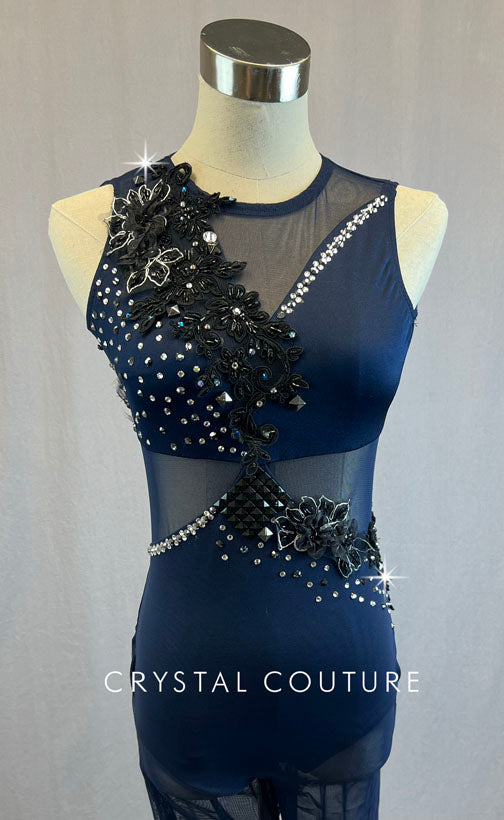 Custom Navy Blue Unitard with Black Beaded Appliques - Rhinestones