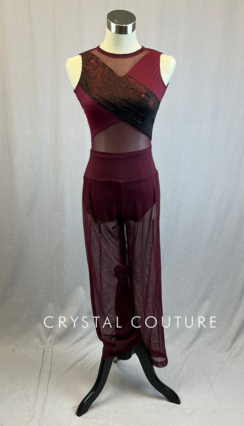 Custom Maroon & Black Distressed Leotard and Mesh Wide Leg Pants