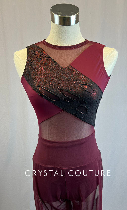 Custom Maroon & Black Distressed Leotard and Mesh Wide Leg Pants