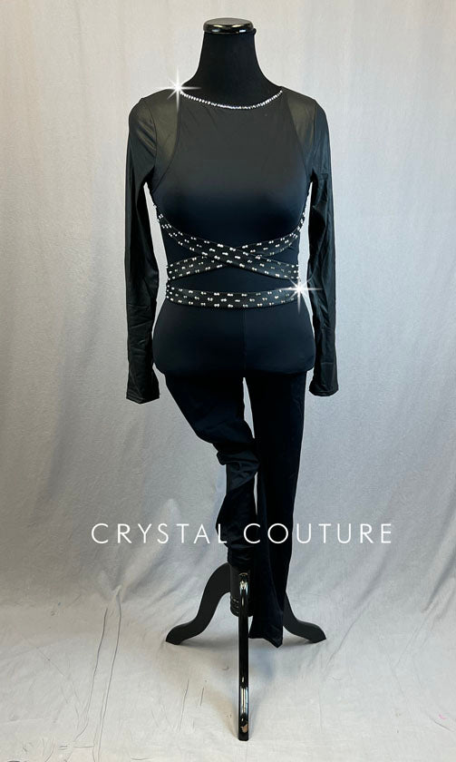 Black Long Sleeve Unitard with Criss Cross Straps - Rhinestones