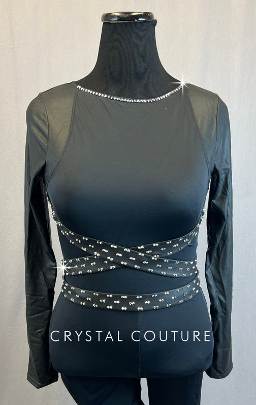 Black Long Sleeve Unitard with Criss Cross Straps - Rhinestones