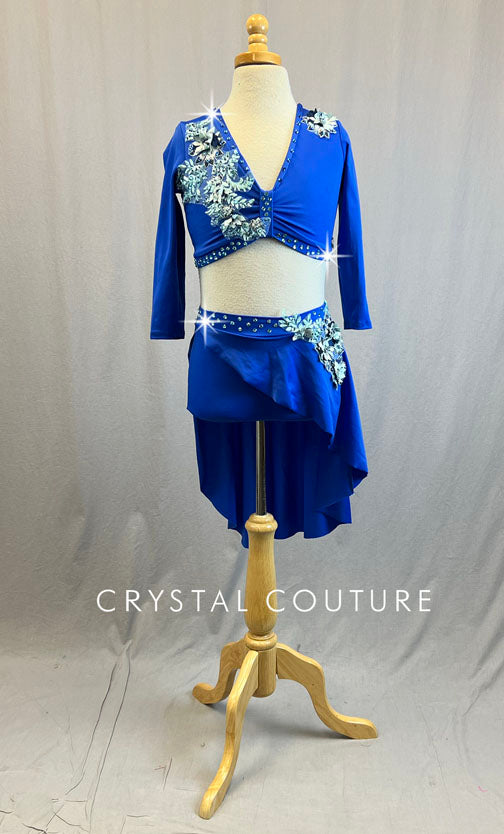 Royal Blue Three Quarter Sleeve Top and Asymmetrical Skirt with Appliques - Rhinestones