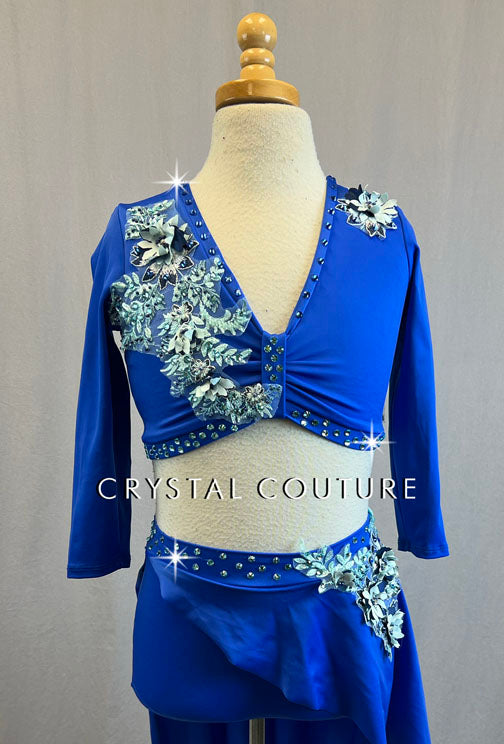 Royal Blue Three Quarter Sleeve Top and Asymmetrical Skirt with Appliques - Rhinestones