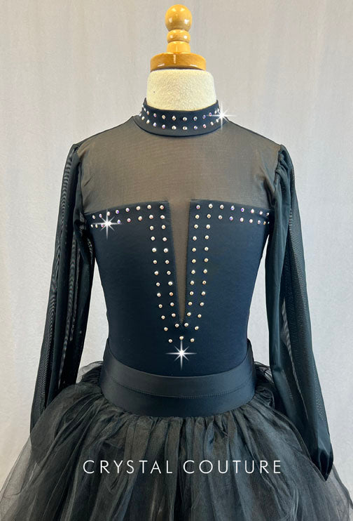 Black Mesh Long Sleeve Leotard with Romantic Tutu - Rhinestones