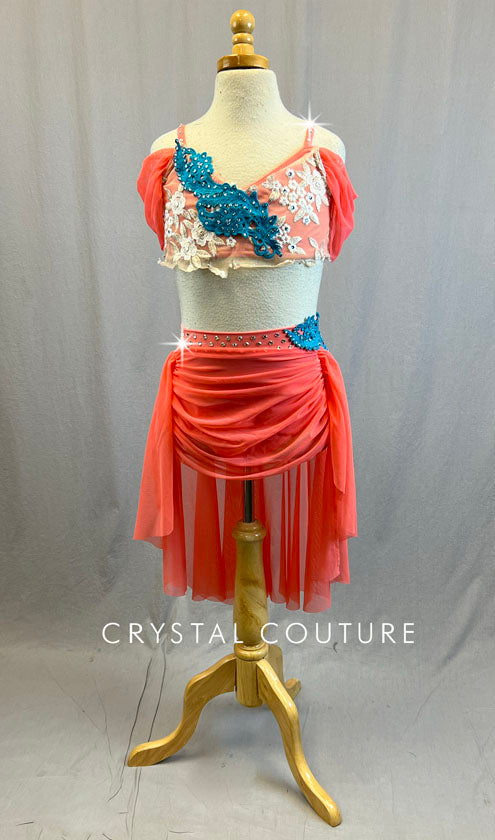 Coral Off Shoulder Top with Ruched Front Skirt and Aqua Appliques - Rhinestones