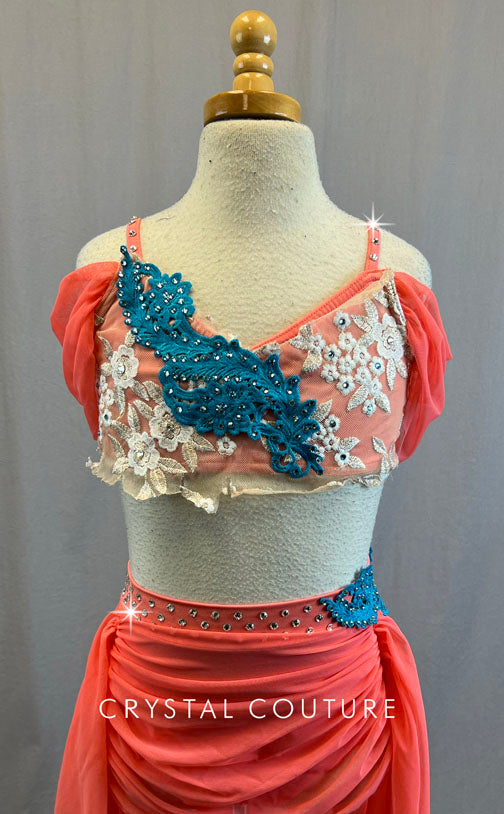 Coral Off Shoulder Top with Ruched Front Skirt and Aqua Appliques - Rhinestones