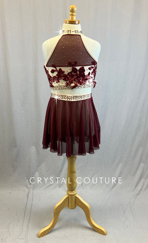 Nude Top with Burgundy Sequin Appliques and Short Burgundy Mesh Skirt - Rhinestones