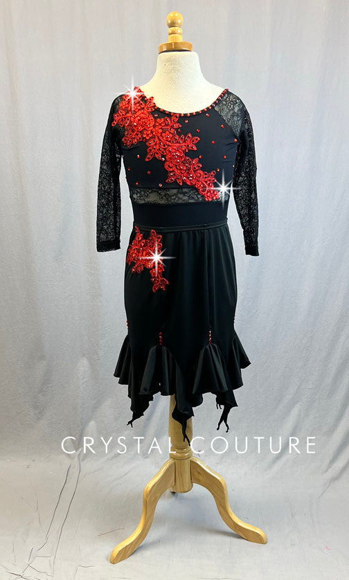 Black Lace Insert Leotard with Latin Skirt & Red Appliques - Rhinestones