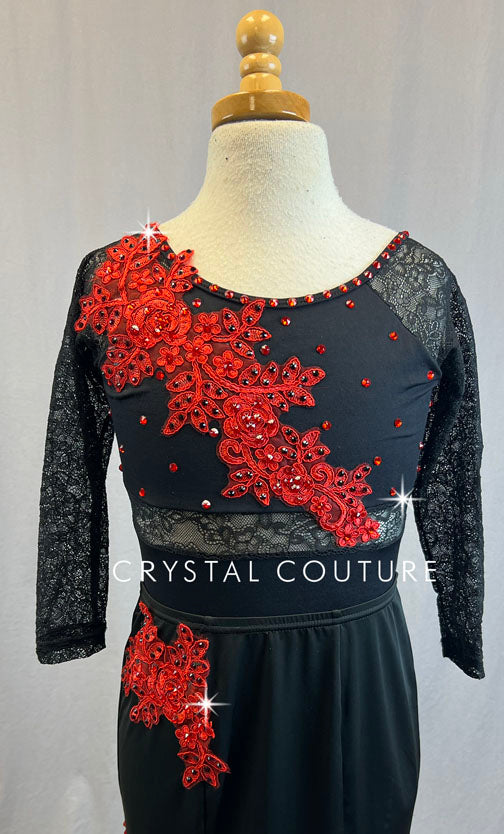 Black Lace Insert Leotard with Latin Skirt & Red Appliques - Rhinestones