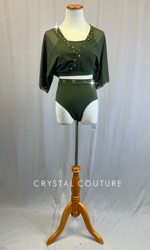 Olive Green Mesh Flounce Top and Trunks - Rhinestones