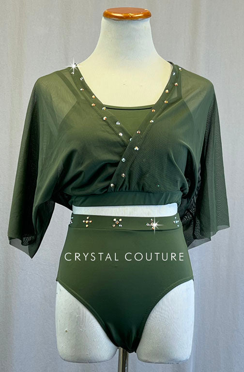 Olive Green Mesh Flounce Top and Trunks - Rhinestones