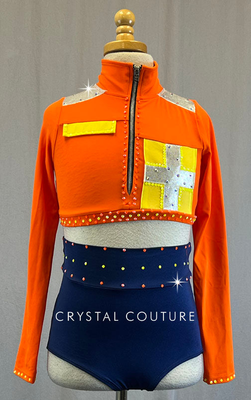 Neon Orange Construction Theme Two Piece - Rhinestones