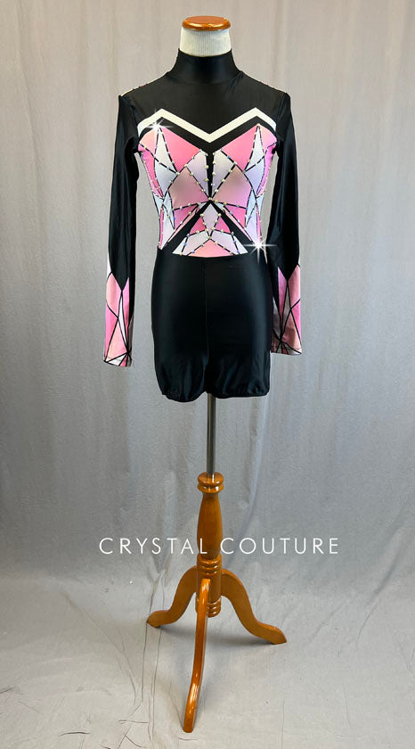 Black & Shades of Pink Geometric Biketard - Rhinestones