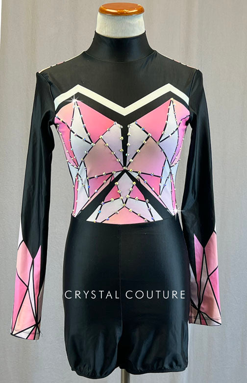 Black & Shades of Pink Geometric Biketard - Rhinestones