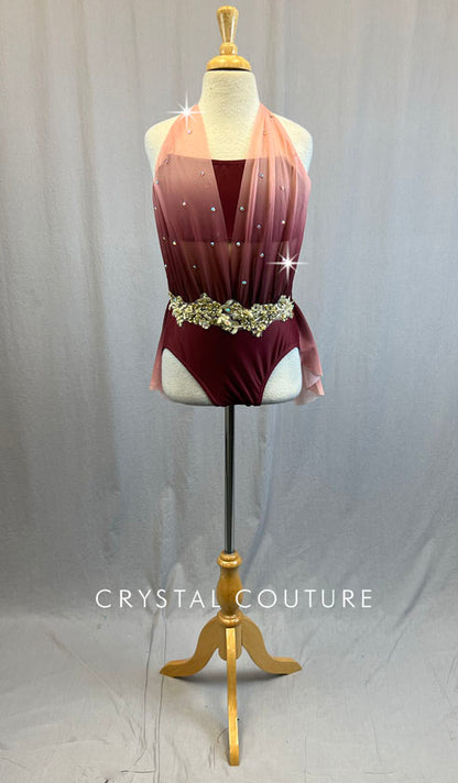 Burgundy & Rose Pink Halter Leotard with Back Skirt and Appliques - Rhinestones