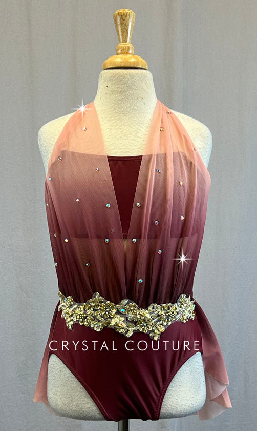 Burgundy & Rose Pink Halter Leotard with Back Skirt and Appliques - Rhinestones