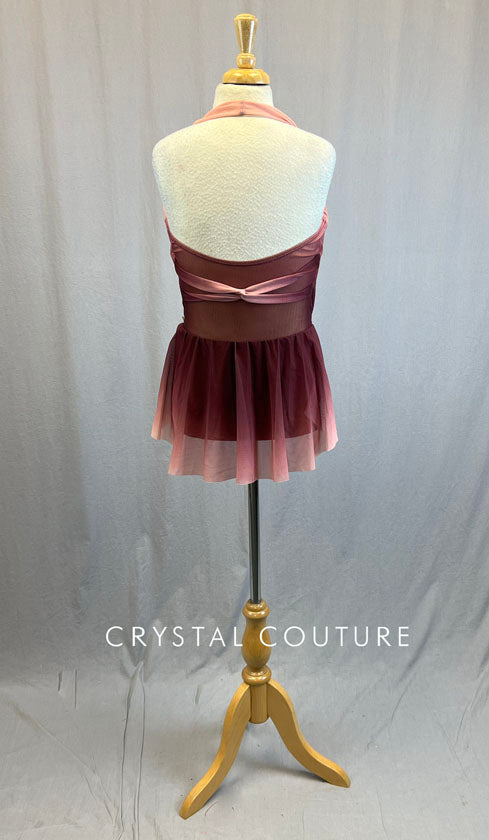 Burgundy & Rose Pink Halter Leotard with Back Skirt and Appliques - Rhinestones