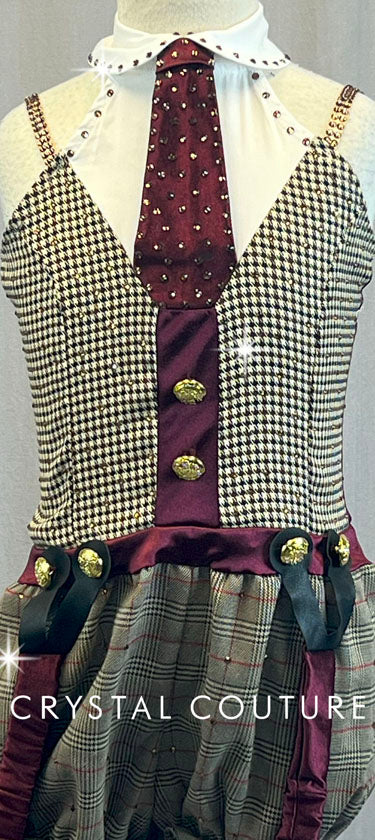 Maroon and Brown Houndstooth and Plaid Schoolgirl with Suspenders