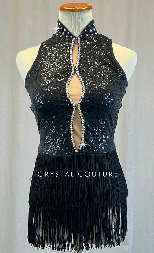 Black Zsa Zsa Leotard with Mandarin Collar and Fringe Skirt - Rhinestones