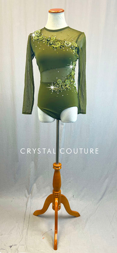 Custom Olive Green Mesh Long Sleeve Leotard with Beaded Appliques - Rhinestones