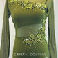 Custom Olive Green Mesh Long Sleeve Leotard with Beaded Appliques - Rhinestones