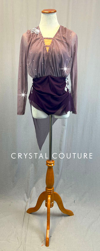 Custom Shades of Purple Long Sleeve Leotard with Asymmetrical Skirt and Appliques - Rhinestones