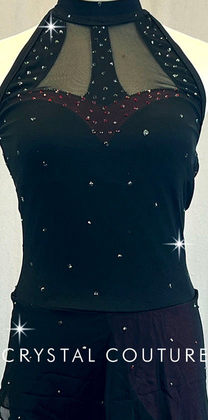 Custom Black & Shimmery Burgundy Mock Neck Leotard with Attached Skirt - Rhinestones