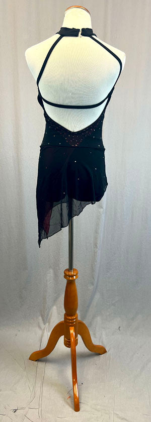 Custom Black & Shimmery Burgundy Mock Neck Leotard with Attached Skirt - Rhinestones