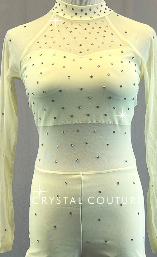 Custom Cream Long Sleeve Biketard with Mesh - Rhinestones