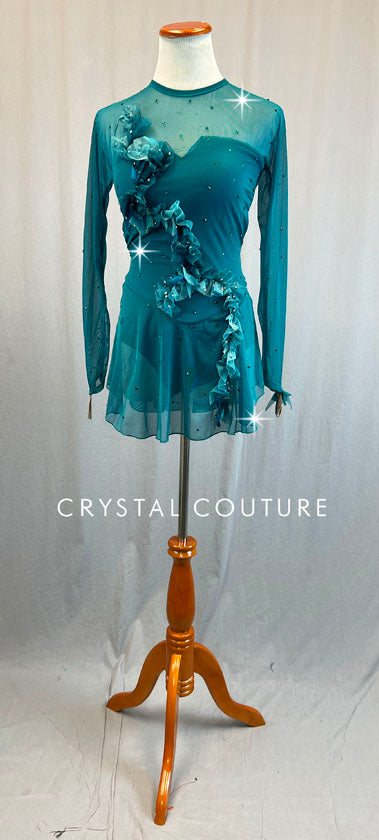 Custom Teal Long Sleeve Mesh Dress - Appliques & Rhinestones