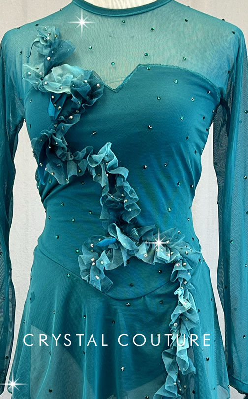 Custom Teal Long Sleeve Mesh Dress - Appliques & Rhinestones