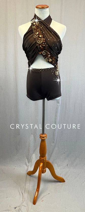 Custom Brown Halter Top Biketard - Appliques & Rhinestones